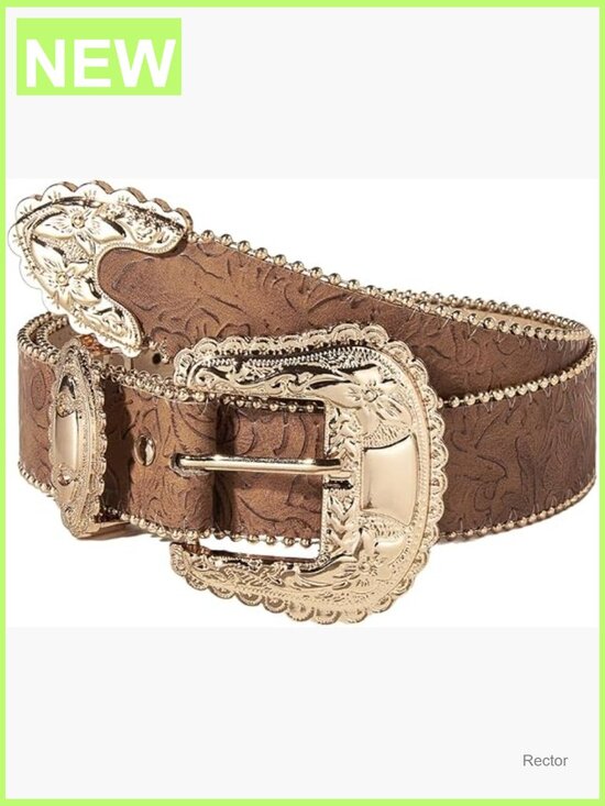 Gold Buckle Western Cowgirl Belt with Floral Pattern